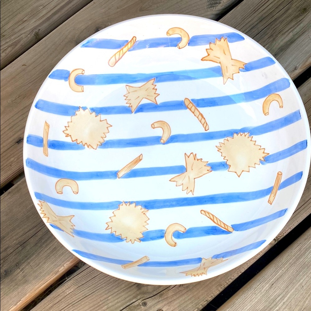 LARGE Blue and White Striped Bowl with PASTA Design! Perfect for summer!